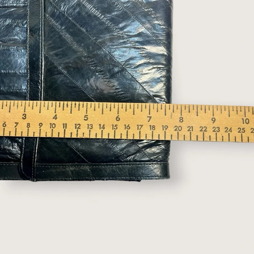 Vintage Eel Skin Leather Clutch Purse Black Slim Pockets 80s Malock Envelop